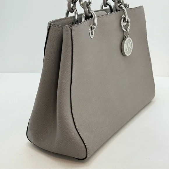 Michael Kors Cynthia Satchel Gray Saffiano Leather Chain Tote MK Charm - Picture 10 of 12